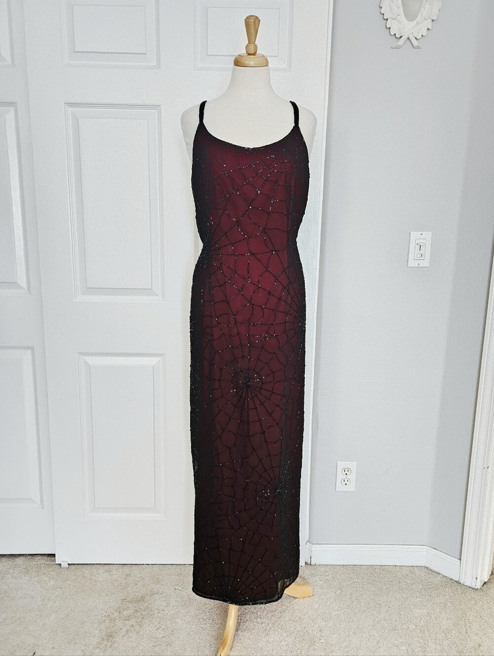 Vintage Black and Red Beaded Spiderweb Gown Size L XL Spider Web Cobweb Dress